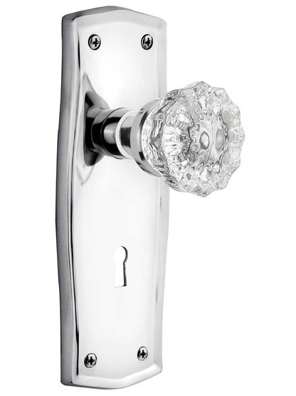 Prairie Design Mortise Lock Set With Fluted Crystal Door Knobs in Polished Chrome.